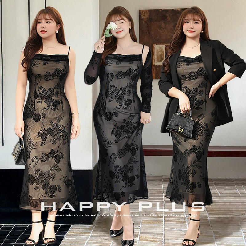 Платье-русалка Runqi 9096 с сетчатыми вставками и цветочным принтом, французское сексуальное платье-русалка больших размеров для многослойных образов