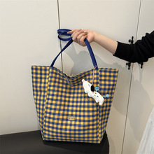 夏季新款复古格纹单肩包大容量尼龙托特包小众设计感帆布袋休闲百
