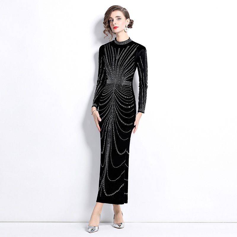 High-end Socialite Long Dress Women's Dinner Party dress Fashion Heavy Industry Hot Drilling Slim-fit Slim-fit Velvet Dress High-end Socialite Long Dress Women's Dinner Party dress Fashion Heavy Industry Hot Drilling Slim-fit Slim-fit Velvet Dress