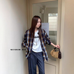 SUE法式格纹休闲衬衫女秋季新款宽松显瘦磨毛长袖衬衣上衣女97011