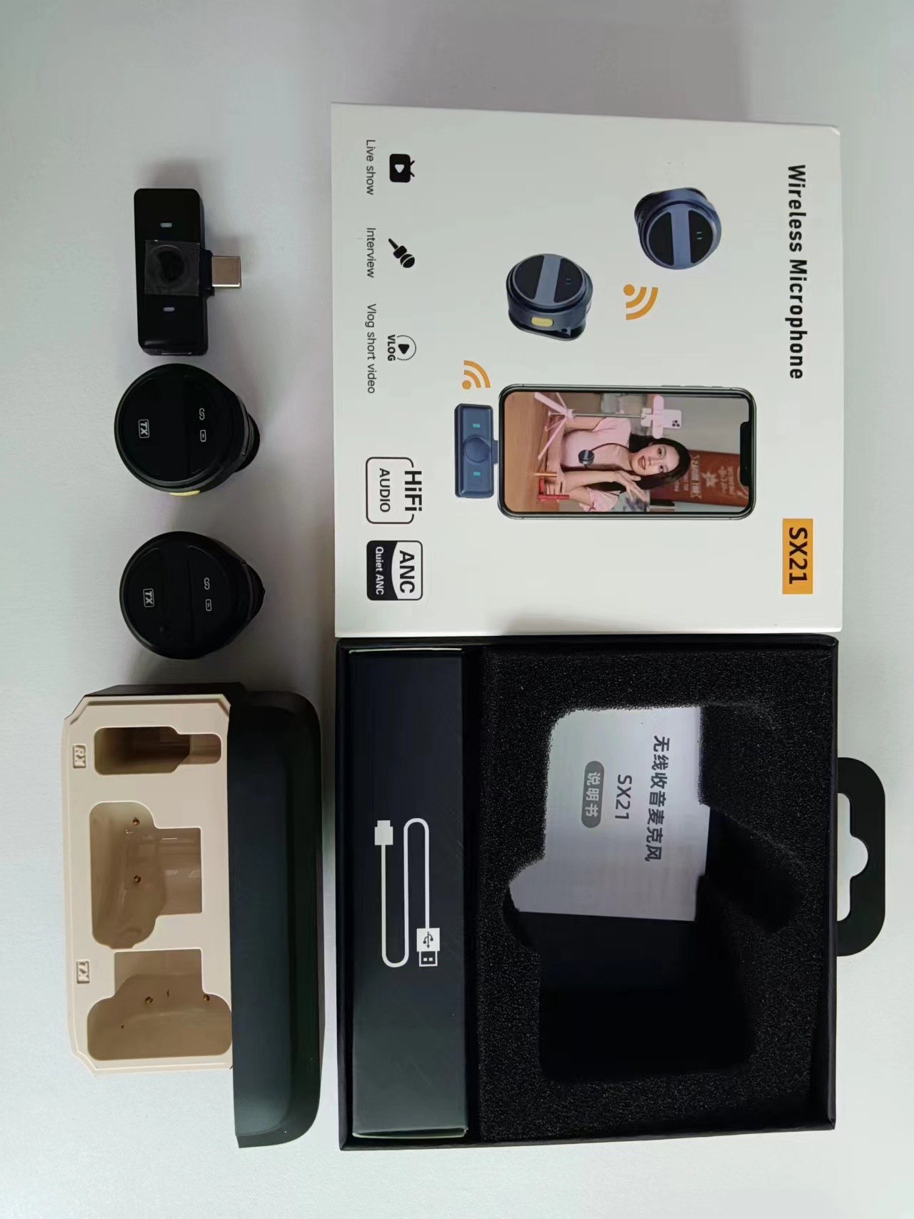 Suministro transfronterizo micrófono de clip de cuello inalámbrico SX21 uno a dos con micrófono de reverberación de reducción de ruido de radio de almacenamiento de carga