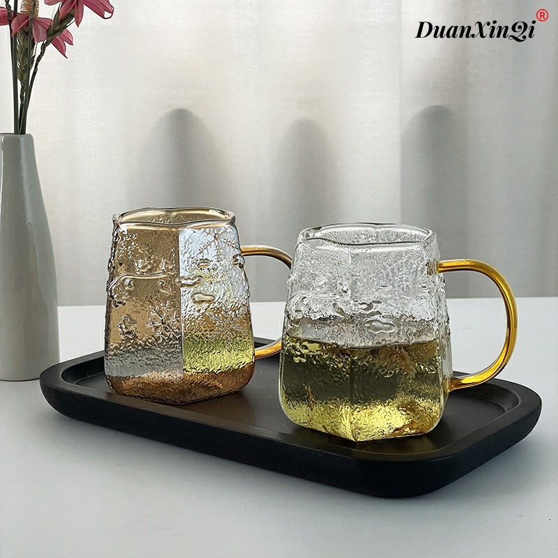 中式雪花紋杯耐熱帶把手玻璃杯小眾高顏值喝水杯子高硼硅玻璃杯