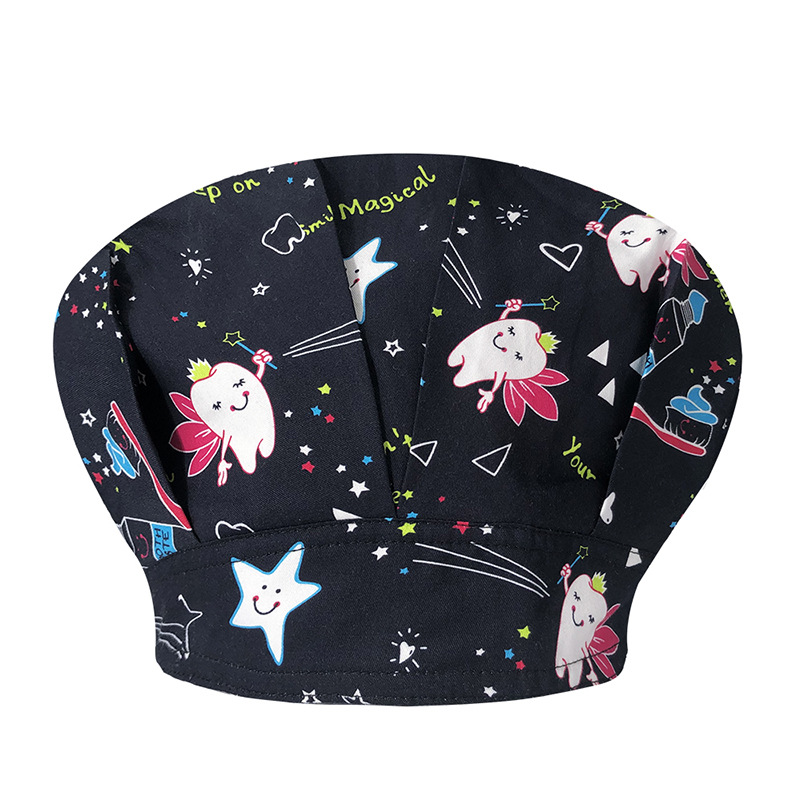 Sombrero de enfermera mujer chef cocinando cocina a prueba de aceite a prueba de humo pérdida de cabello sombrero esponjoso sombrero impreso puntera sombrero de trabajo ajuste elástico