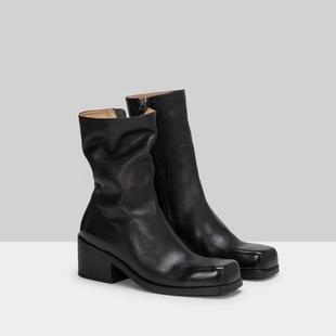 Cowhide version ~ new square head mid-high heel thick heel side zipper boots retro all-match mid-barrel martin boots short boots for women