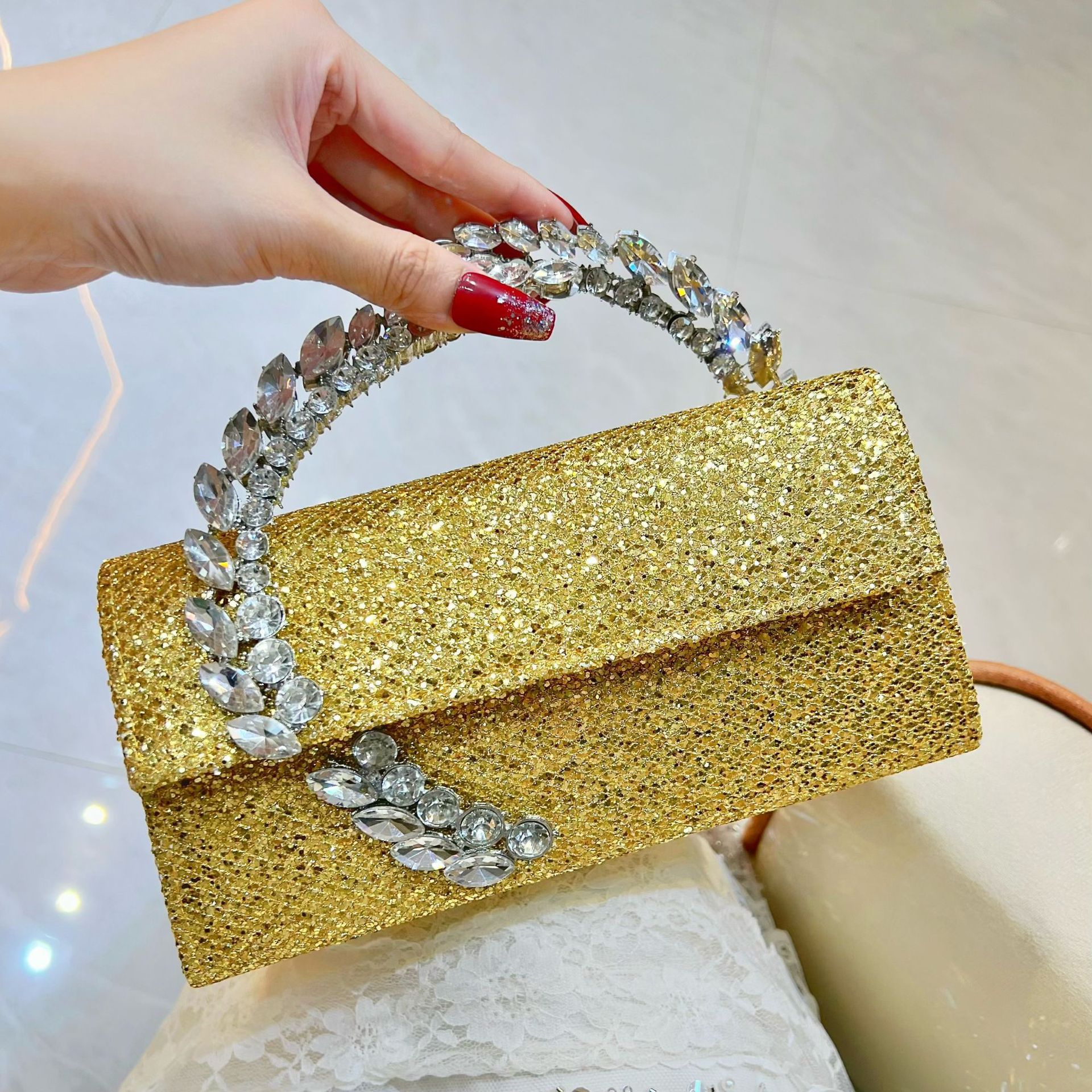 Nuova borsa da sera Cross-Border con diamanti scintillanti, borsa a mano in raso con paillettes, borsa a mano da donna con diamanti intarsiati, borsa a tracolla_voghion.com