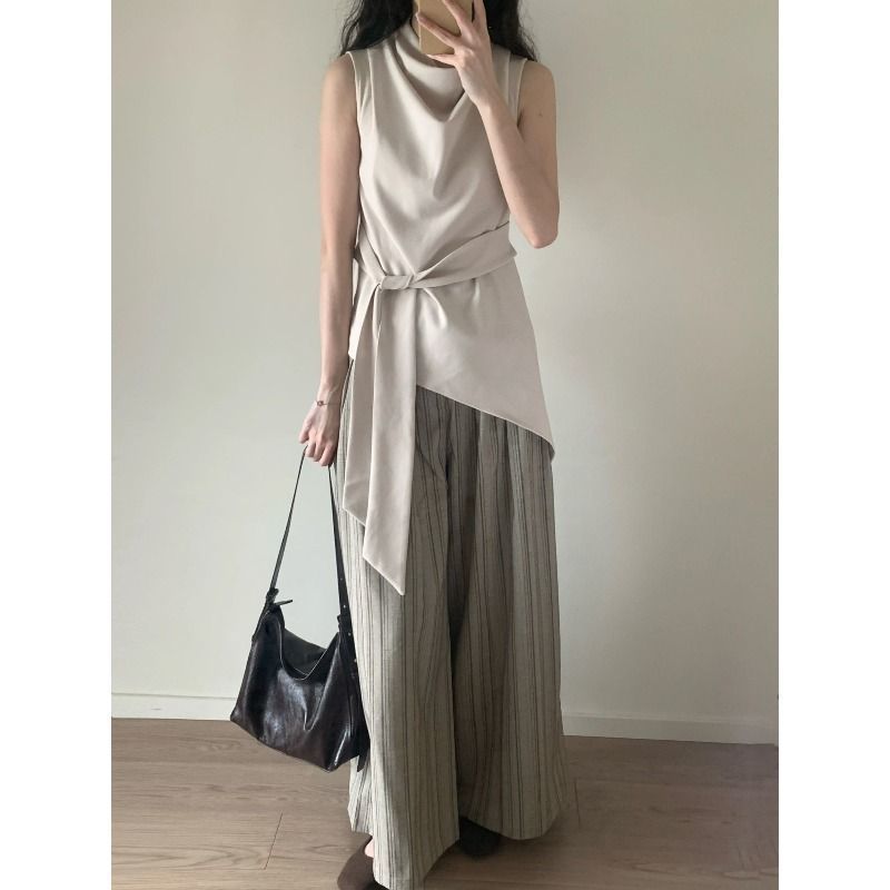 ハイセンススイングカラー不規則ノースリーブTシャツレディース2025夏新デザインレースアップウエスト痩身トップ|undefined
