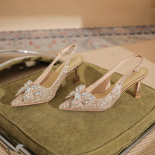 7521-6【羊皮】高跟婚鞋女细跟2025年新款尖头凉鞋水钻蝴蝶结单鞋