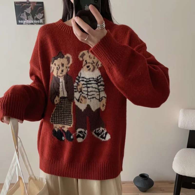 Cute Bear Cartoon Jacquard Sweater Women's Summer New Sweet Age-Reducing Loose Lazy Style Warm New Top