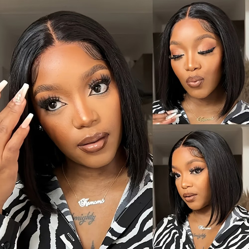 Cross-border, medium-length, straight bob wig with lace front, made of high-temperature synthetic fiber, pixie bob style, full headpiece, in stock