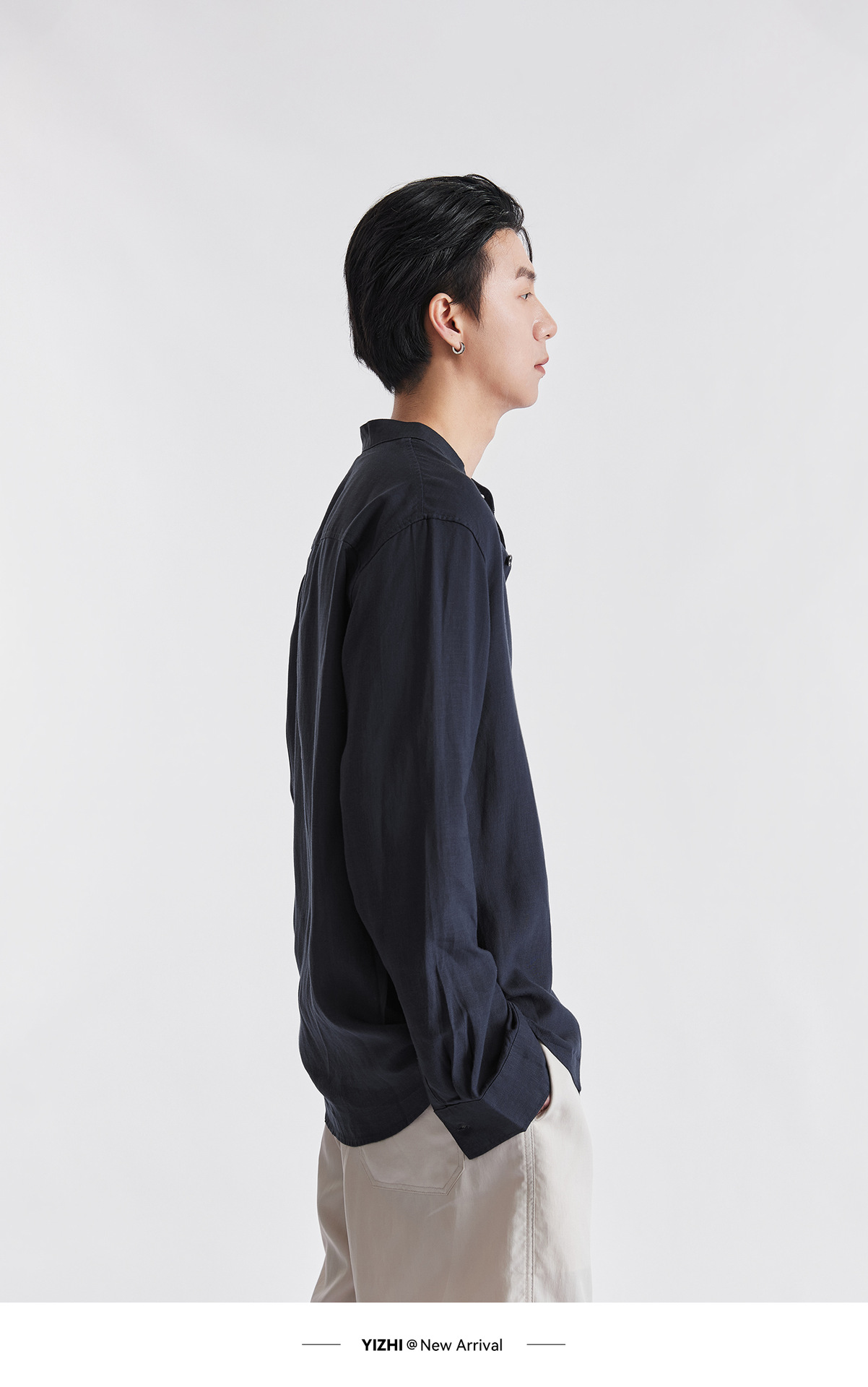 Áo sơ mi nam linen cổ đứng tay dài mùa hè, chất liệu lanh thoáng khí, phong cách Trung Hoa, túi đơn — Xanh navy chi tiết 21