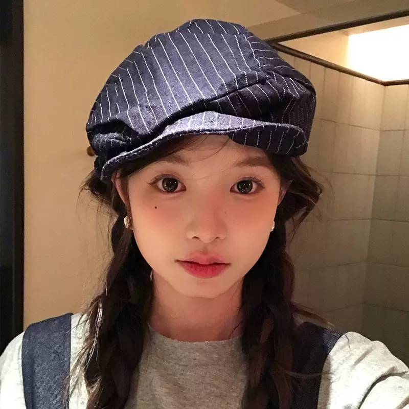 高品质亚麻条纹棉麻贝雷帽子女春夏显脸小可爱报童帽复古画家帽潮