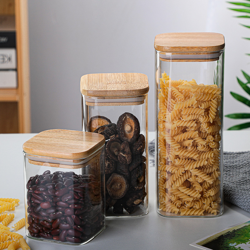 tanque de almacenamiento de vidrio de alto borosilicato de cocina de alta calidad té cereales dulces de bambú cubierta de madera sellado tanque de almacenamiento cuadrado