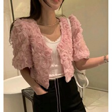 韩国chic 夏季法式浪漫V领重工立体玫瑰提花宽松百搭系带短外套女