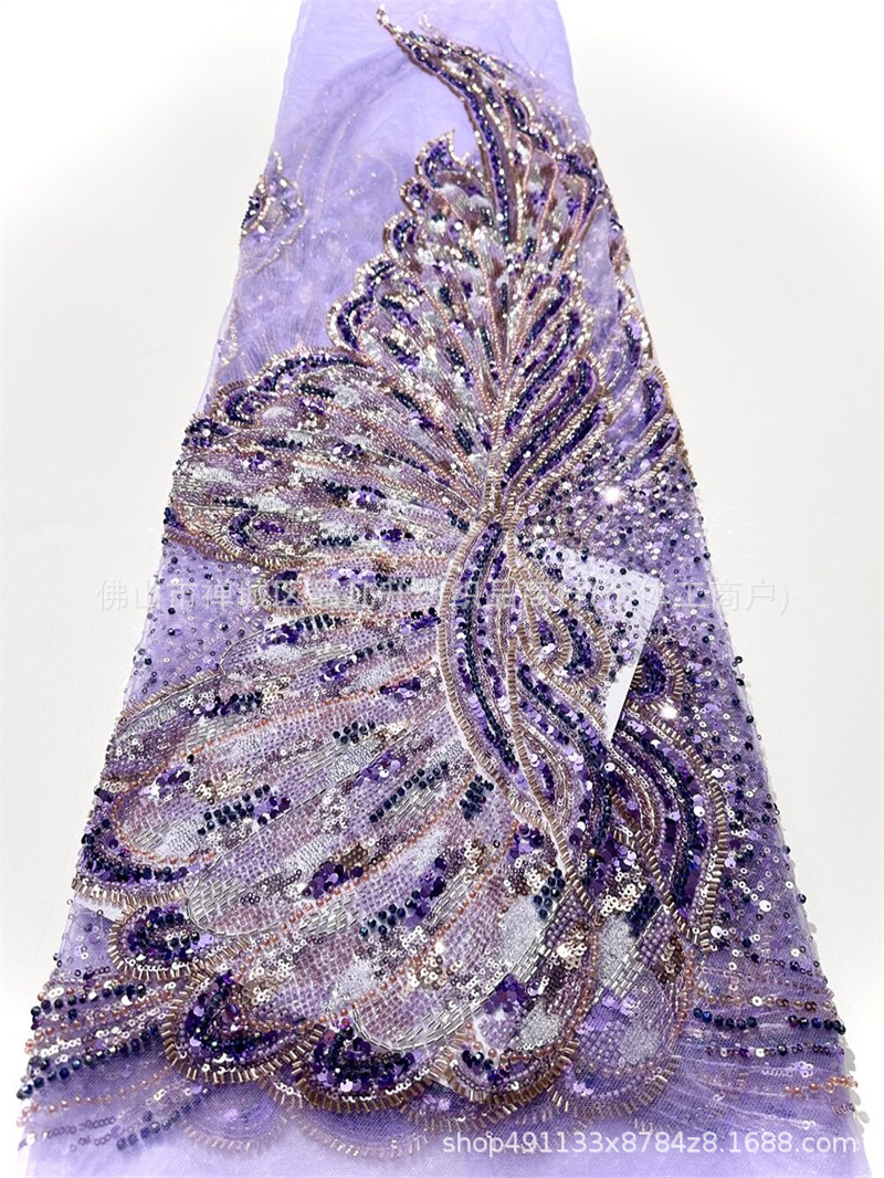 Plumas de anchoque unilaterales de malla de cuentas de clavos industriales pesadas bordadas a mano sequinilla tela de vestido de cola de pescado para la cena
