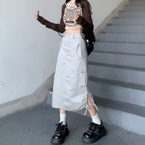 Workwear half-length skirt for women with drawstring, fashionable split design, mid-length summer new style, high-waisted American-style loose A-line long dress