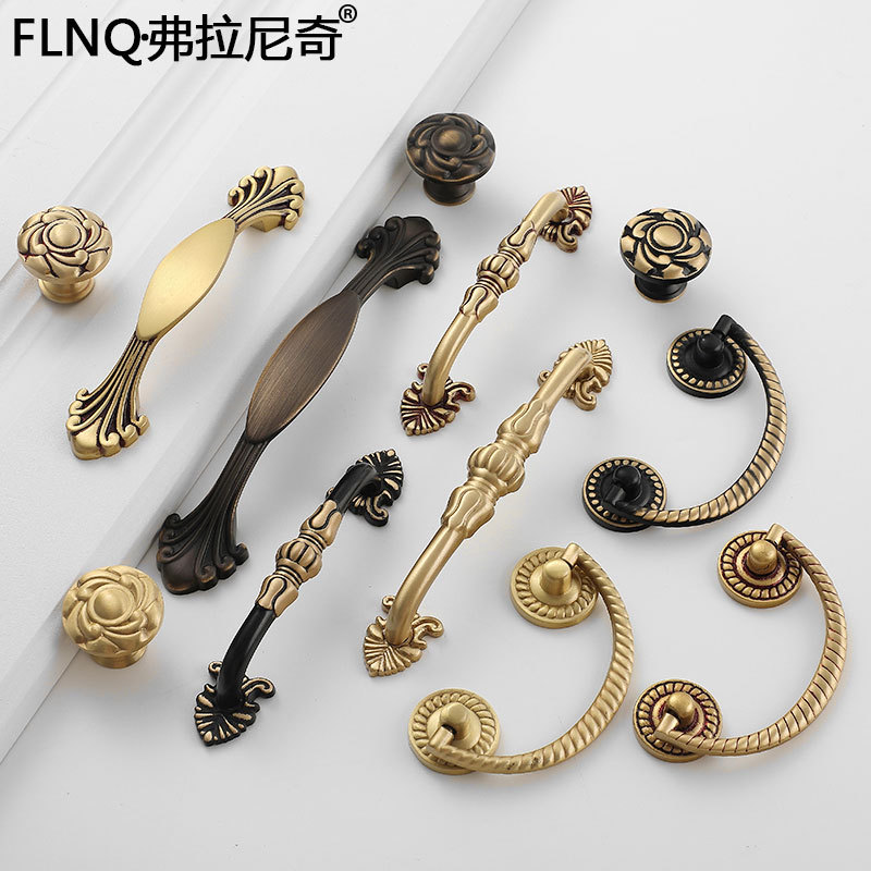 櫥櫃抽屜衣櫃門純銅把手歐式黃銅仿古浮雕花紋拉手全銅美式古典風