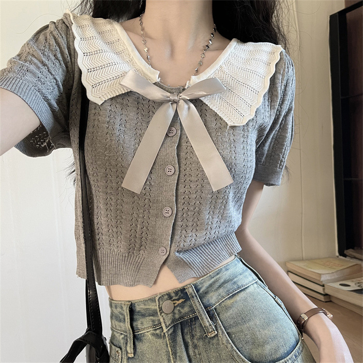 Doll Collar Hollow-Out Short-Sleeve Knit Cardigan for Women, Summer Sweet Style with Turn-Down Collar, Preppy Style, Petite and Beautiful Top 2026