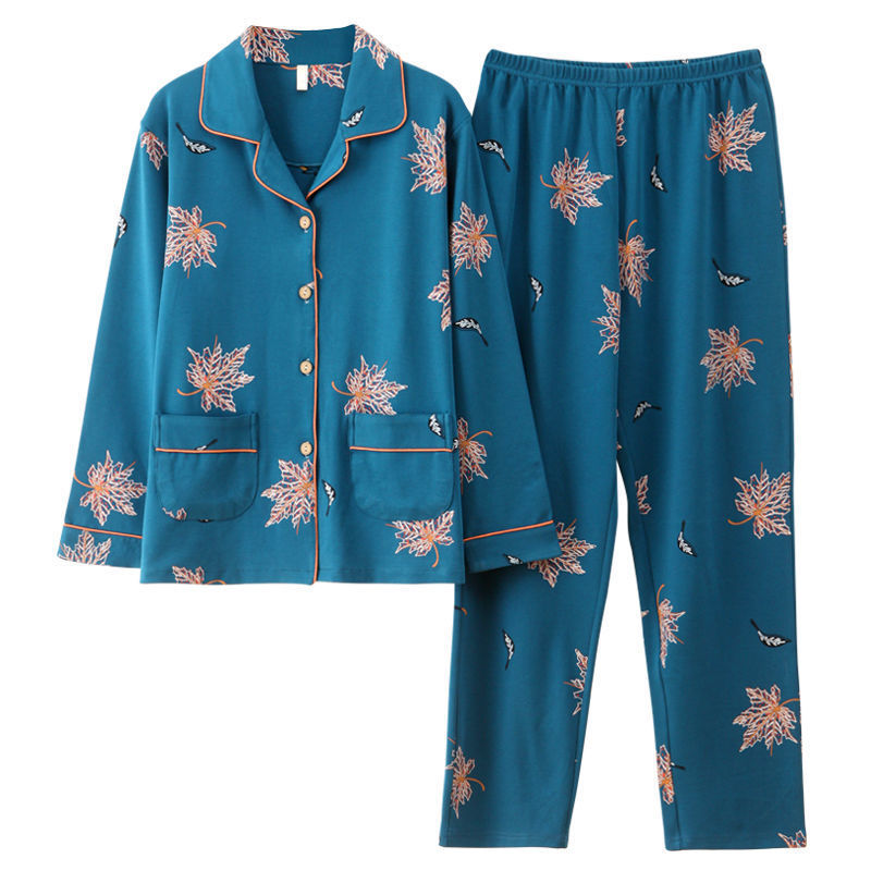 Pijamas de algodón puro primavera y otoño de las mujeres de manga larga más el tamaño cardigan traje de las madres de mediana edad y ancianos ropa de casa al aire libre