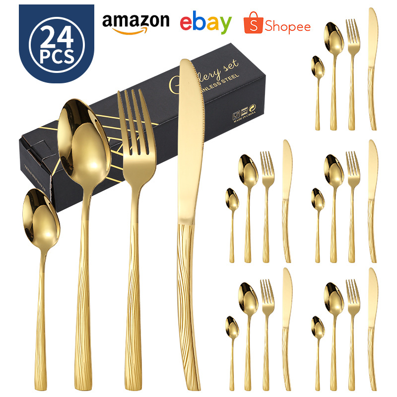 Juego de vajilla de 24 piezas de cuchillo y tenedor de acero inoxidable de venta caliente transfronteriza caja de regalo cuchara de comida occidental de Amazon dorada chapada en titanio