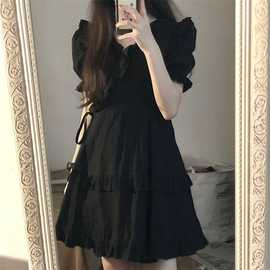 黑裙韩版复古气质小裙木耳边娃娃领收腰显瘦连衣裙女学生夏季商场