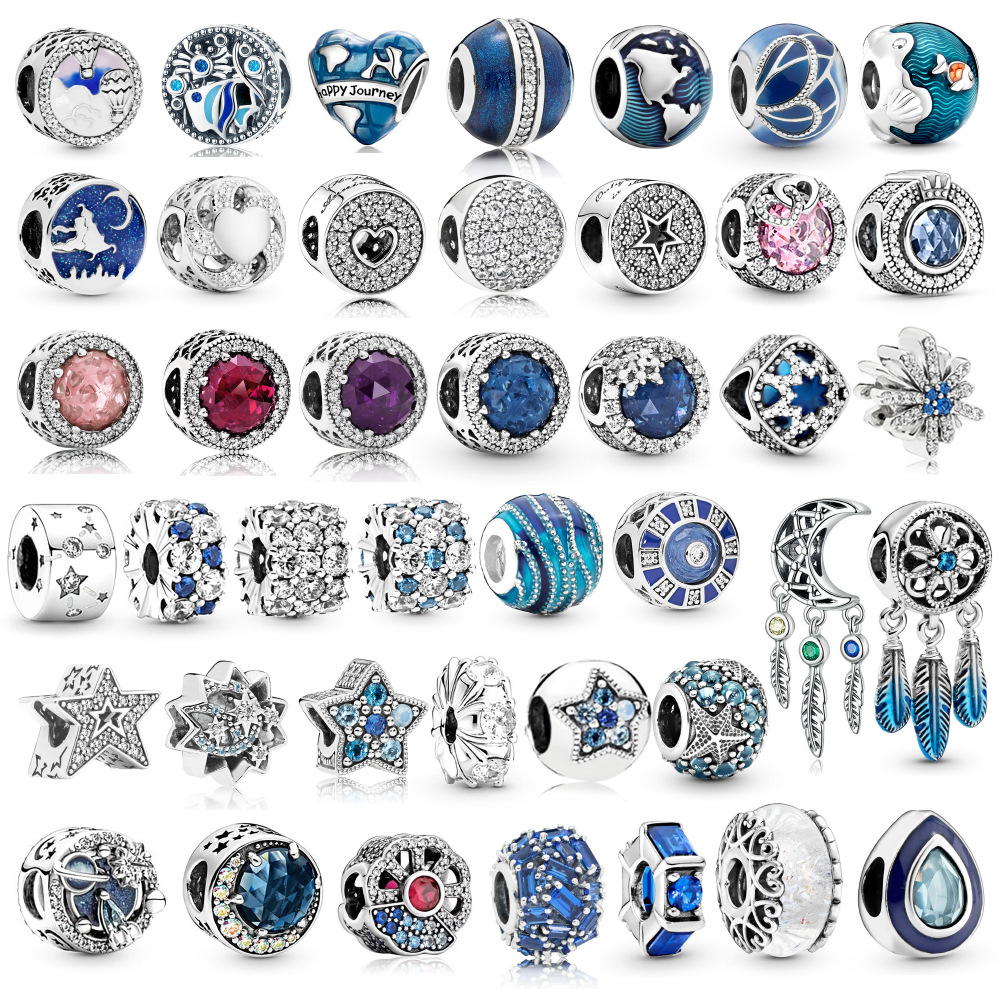 银色合金大孔珠子蓝色水晶串珠水滴海星月亮挂件 DIY手链配件散珠