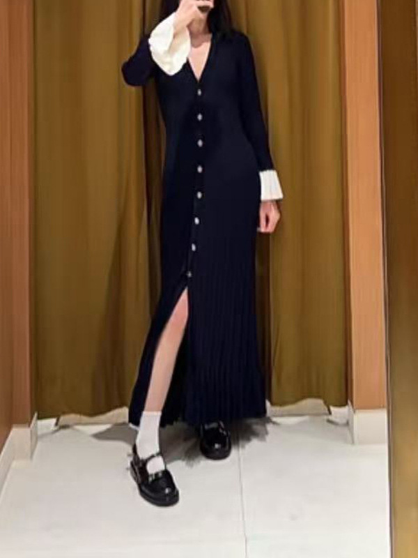 S家优雅气质高端女装2025秋季新款优雅风喇叭袖长款针织连衣裙女|undefined