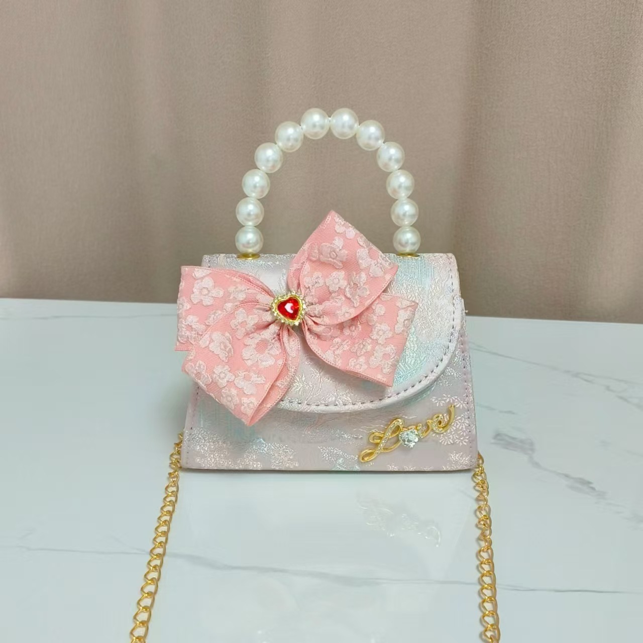 Guofeng bolso para niños, nuevo bolso de hombro de niñas, lindos bolsos de perlas de princesa, bolsos de arco, bolsos de mochila, bolsos pequeños