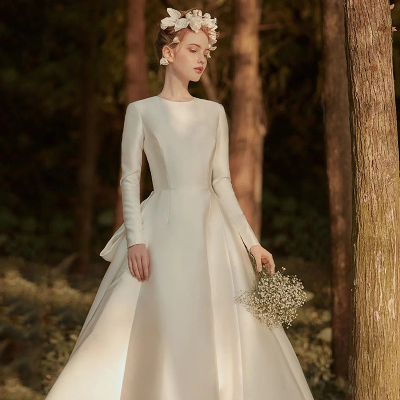 Francés Hepburn vestido de novia blanco trailing vestido de novia simple elegante satén retro textura trailing vestido de noche image 3
