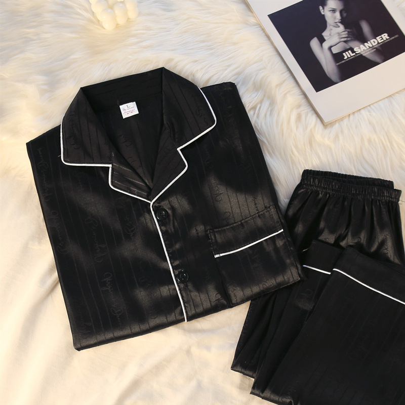 Pareja de pijamas de primavera y otoño de seda de hielo de manga larga de las mujeres a rayas de alto sentido de los nuevos hombres de seda real desgaste del hogar traje de verano