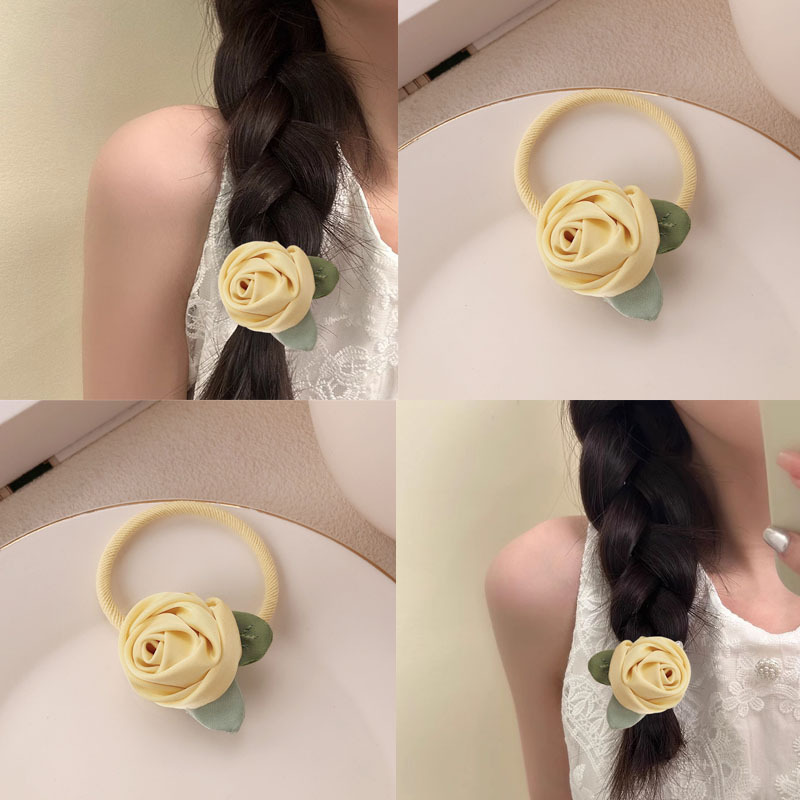 Historia de rosa amarilla coreana flor anillo de cabello cuerda de cabeza de alta sensación suave dulce camellia cuerda de cabello correa tocado