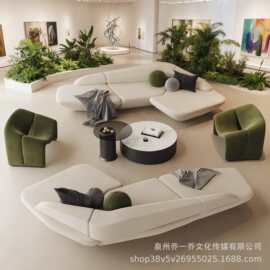 布艺沙发美容院酒店大堂售楼部接待休息区贵妃位异形沙发茶几组合