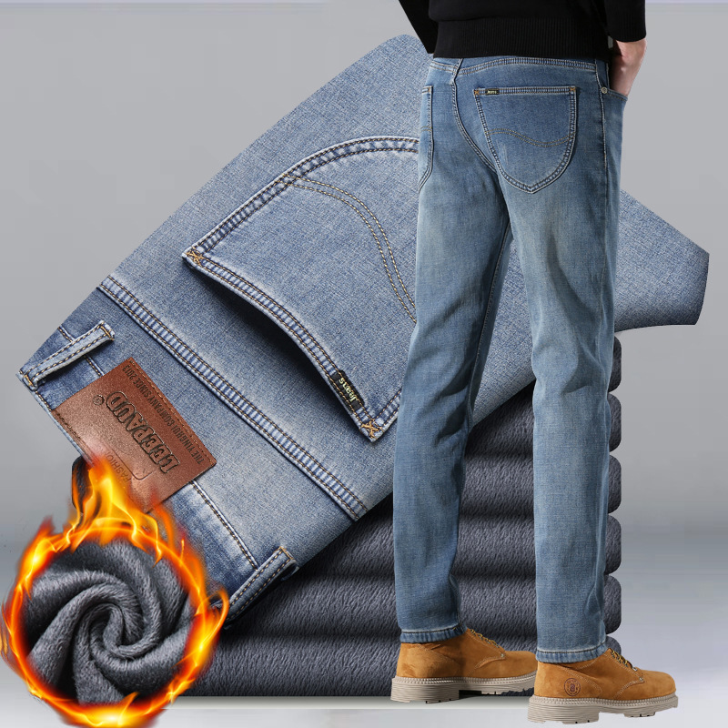 LEEPAUD für Herren Winter Plüsch und dicken elastischen geraden Bein locker sitzende Business Casual Jeans_voghion.com