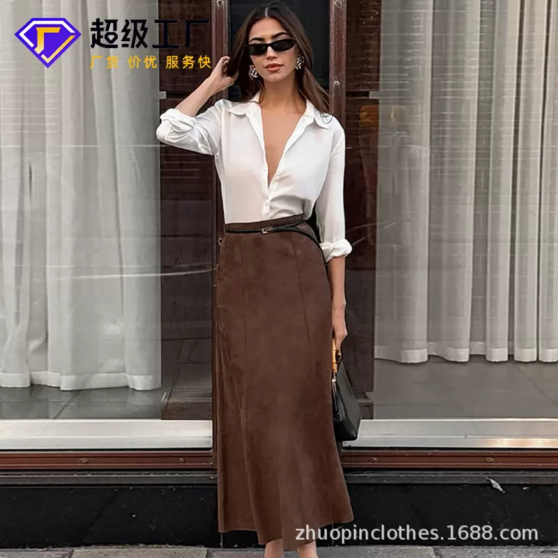 2026新美拉德复古风麂皮绒鱼尾半身裙跨境定制轻熟风性感包臀长裙