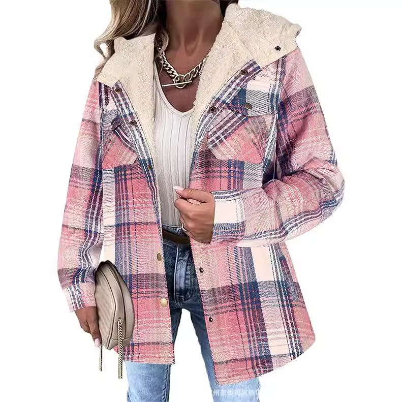 European and American Amazon Popular Women's Plaid Long-Sleeved Jacket Button-Style Wool Hooded Jacket Warm Jacket