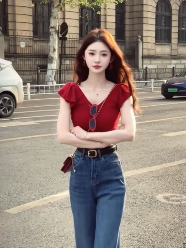 红色V领短袖针织衫正肩女夏季修身显瘦纯欲辣妹小飞袖短款上衣|undefined