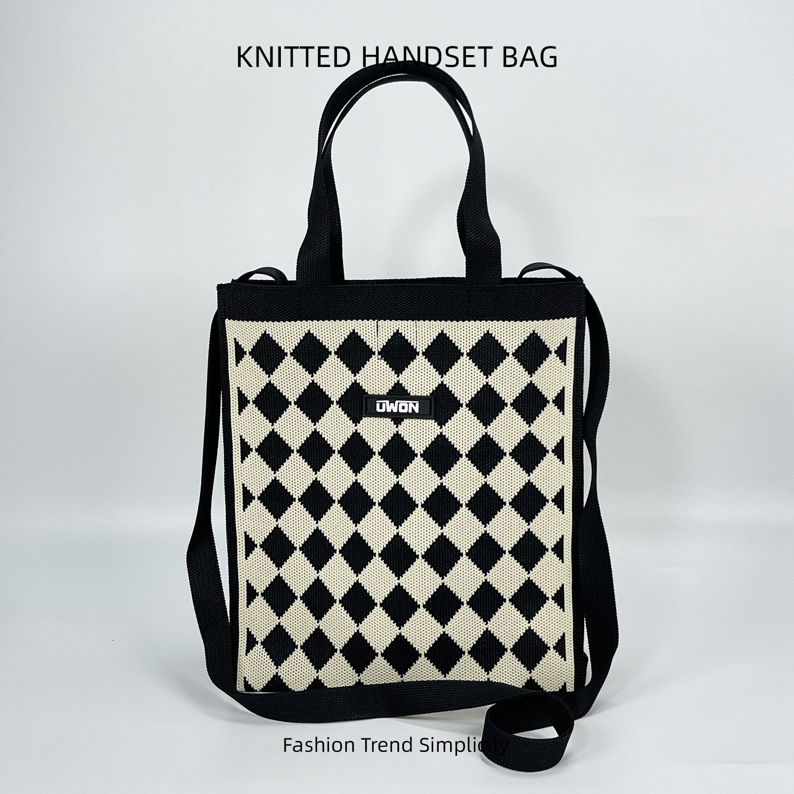 Nuevo bolso de hombro de punto de rombo en blanco y negro, bolso de mensajero de viaje de gran capacidad casual coreano, bolso cuadrado pequeño