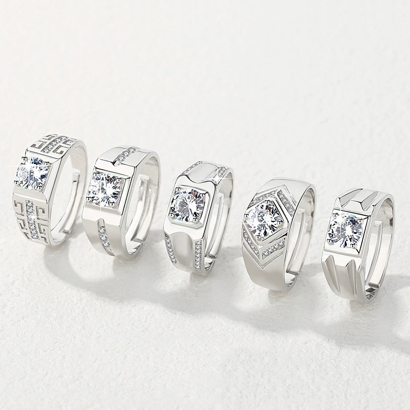 Fashion All-match Diamond Ring Men's Single 1 karat Moussaint Ring Wedding Classic Elegant Copper Platinum Plated Ring