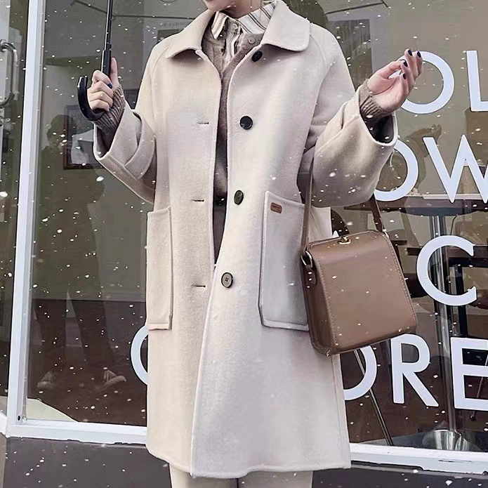 Женское двухстороннее шерстяное пальто, однобортное свободное, уменьшающее возраст длинное пальто с большими карманами