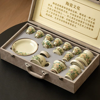 【清仓】秘黄釉五彩山水功夫茶具套装家用陶瓷泡茶壶盖碗茶杯礼盒