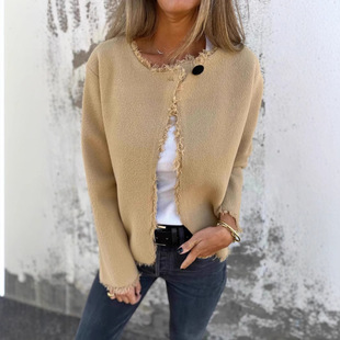 2025 Amazon Aliexpress Independent Station Fashion Casual Round Neck Long-Sleeved Women's Woolen Jacket