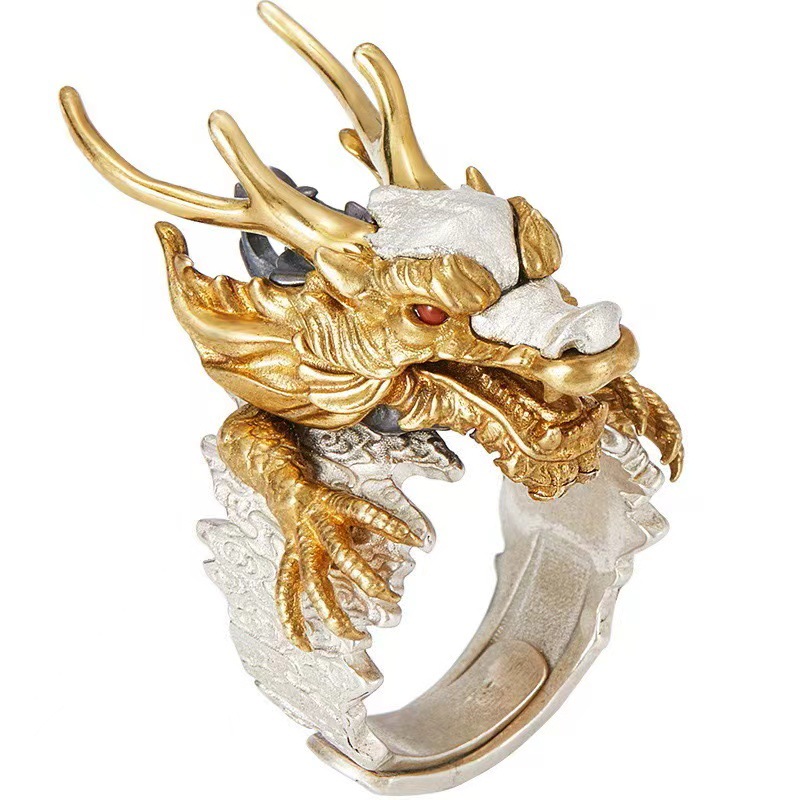 Vintage Domineering Gold Dragon Men's Hip Hop Trend Distressed Personality Design Creative Adjustable Ring_voghion.com
