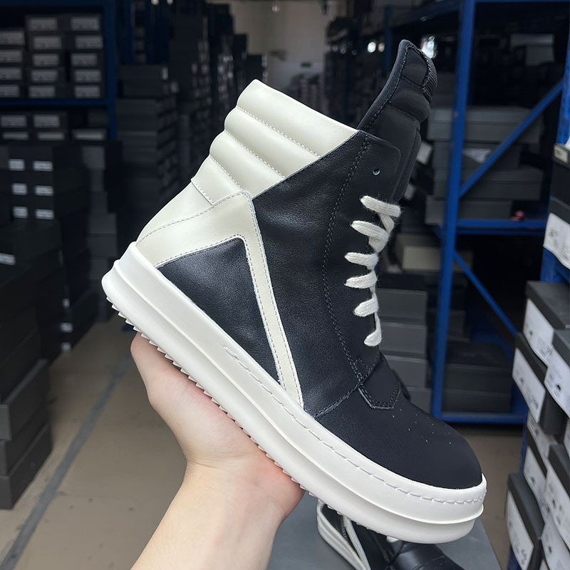 High-Top Shoes for Men, European Style, Thick-Soled, Genuine Leather, Dark Black Ro Black and White Casual Sneakers for Women, Trendy Rubber Sole, Trendy Brand