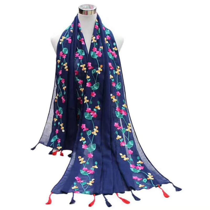 刺繡棉麻繡花絲巾披肩花朵亞麻圍巾女士尼泊爾旅遊民族風流蘇防曬