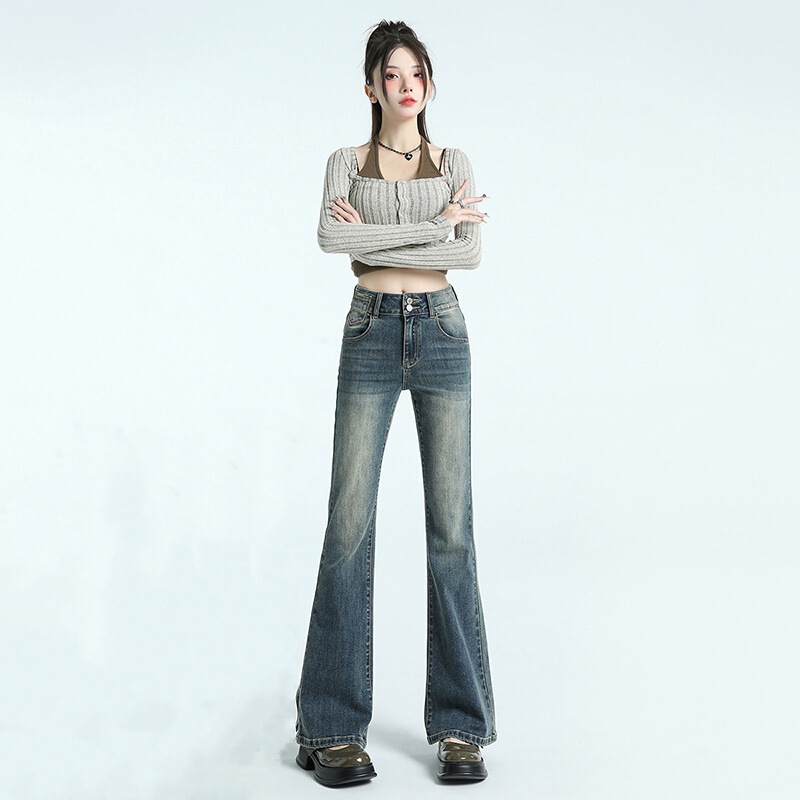 Minghai Spring Season Women's High-Waisted Slim Fit Flared Jeans for Petite Figures, Washed Denim
