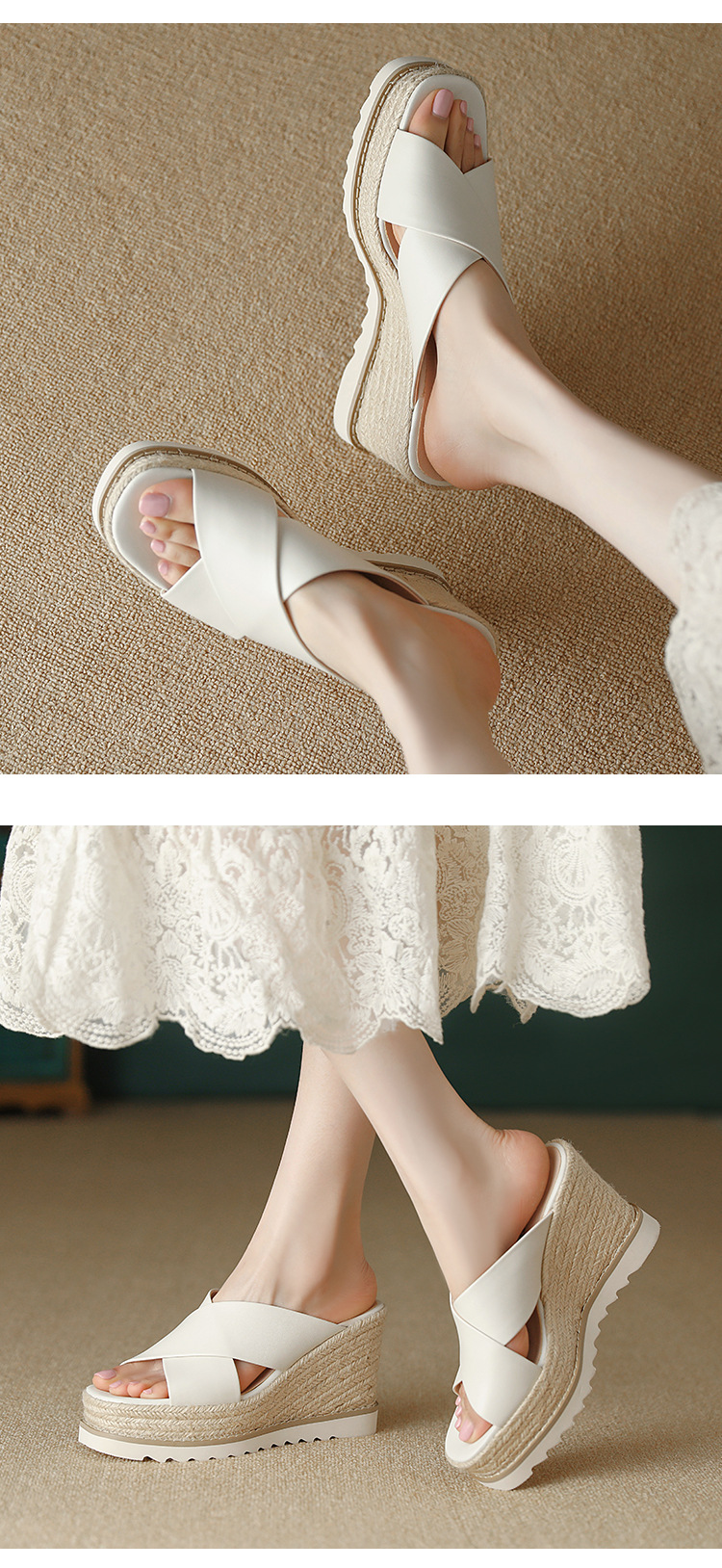 Sandal cao gót nữ đế xuồng đan rơm hở mũi quai chéo bản to — màu trắng ngà, bạc chi tiết 4