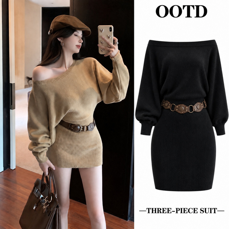 Fashion Niche Exquisite Slant Shoulder Long Sleeve off-shoulder Pure Desire Slim Look Slim Waist Hip Knitted dress Fashion Niche Exquisite Slant Shoulder Long Sleeve off-shoulder Pure Desire Slim Look Slim Waist Hip Knitted dress