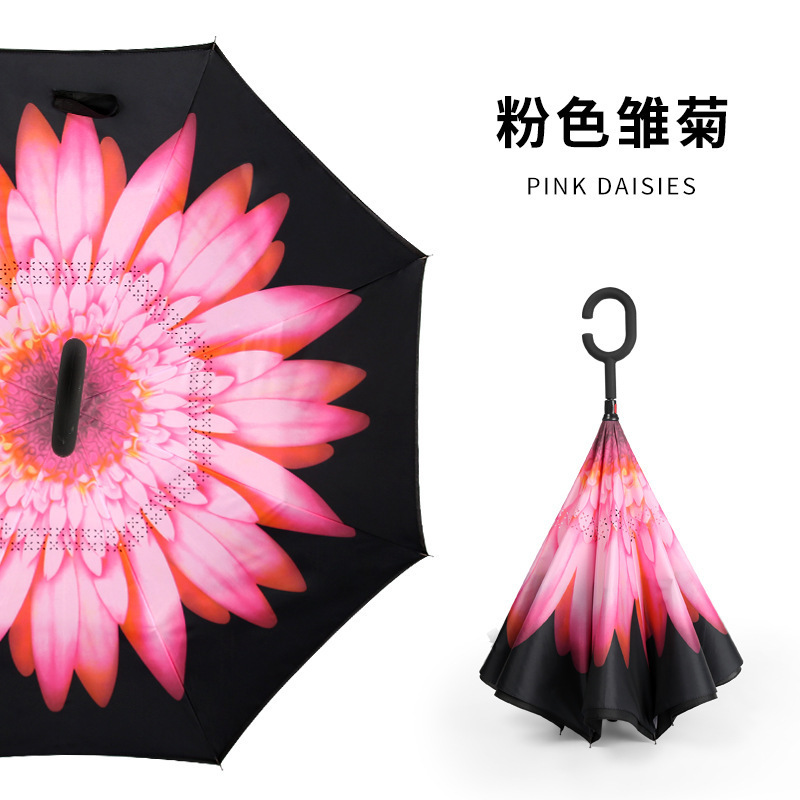 Reverse umbrella C- Type hands-free double-layer straight long handle reverse umbrella car gift advertising umbrella printed pattern