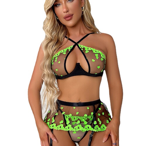 European and American cross-border sexy lingerie embroidered three-piece lace pajamas sexy temptation see-through passion uniform for women