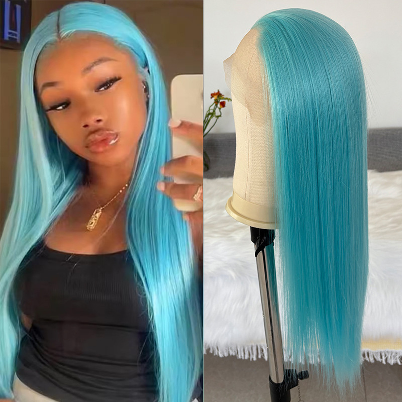 Wig Manufacturer Direct Sales Synthetic Fiber High-Temperature Silk Blue Long Straight Hair Wig 13*4 Front Lace Wig Cap