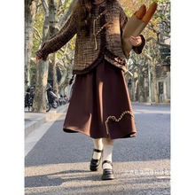 厂家直销微胖大码女装棕色小香风边外套咖色半裙